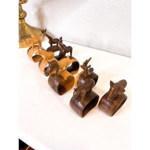 Vintage Hand Carved African Safari Animal Wooden Napkin Holder Rings Set of 8